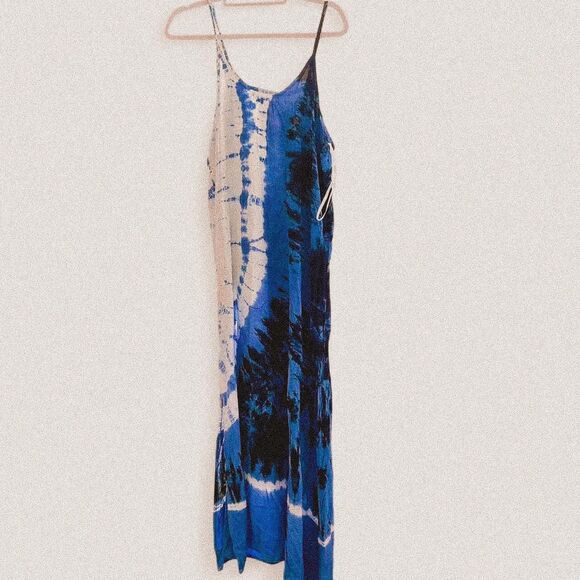 Aruba Blue & White Banded Tie-Dye Strappy Back Maxi Dress – Boho Large - Picture 1 of 7